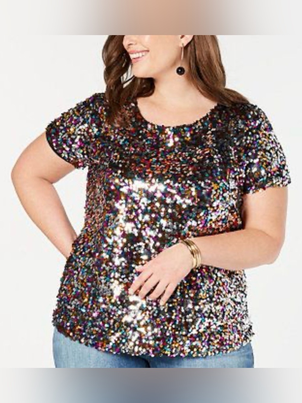 INC International Concepts Multicolor Sequin Short Sleeve Top
